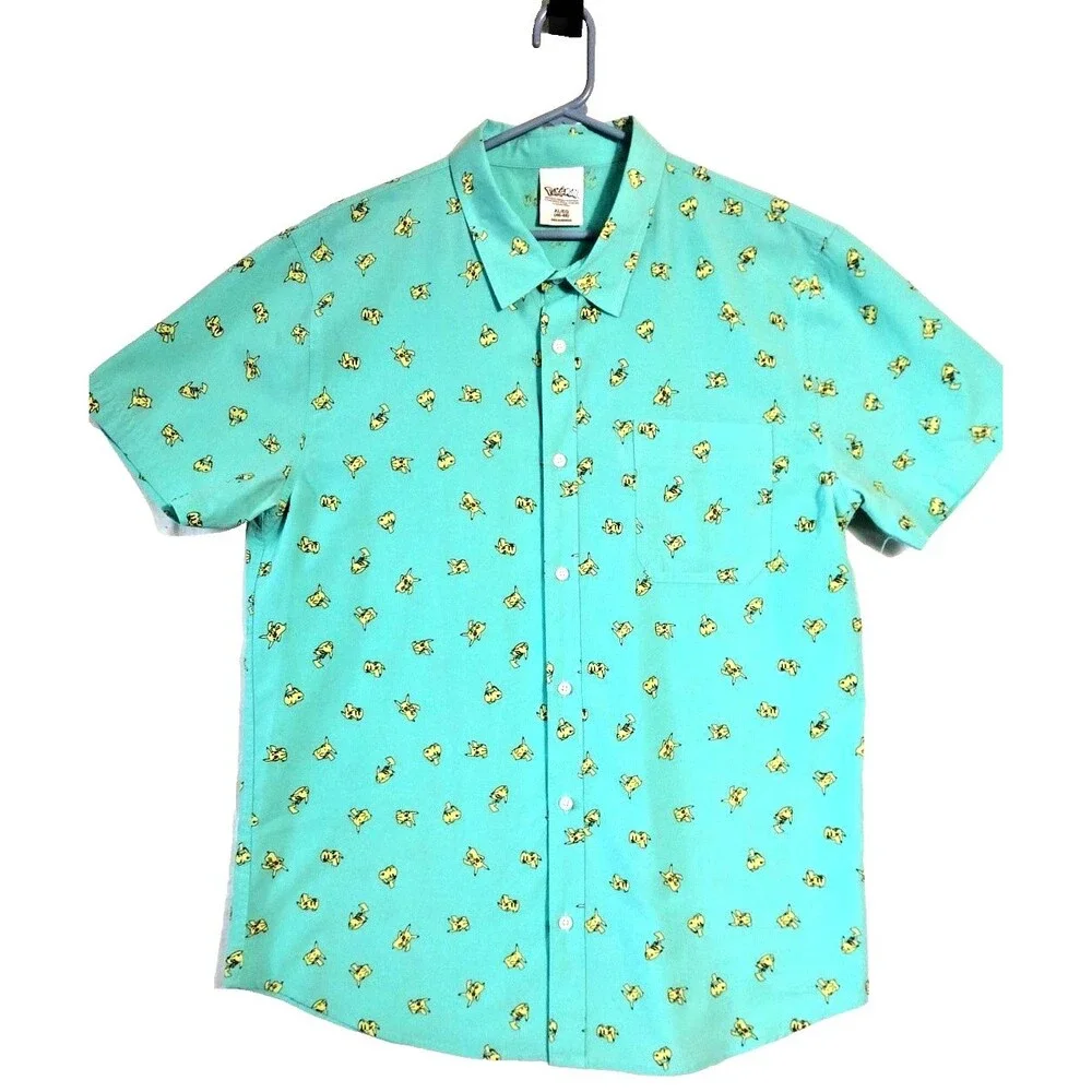 Pokemon Shirt Men's X-Large (46-48) Green Pikachu Button Up Short Sleeve Casual - Picture 6 of 9